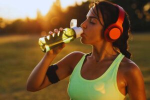 Donna che beve durante una sessione di jogging