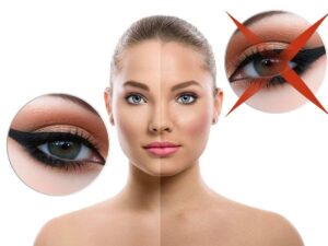 donna con volto senza eyeliner e con quello nero